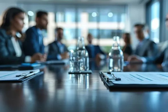 Versammlung von Geschäftsleuten mit Dokumenten auf dem Tisch – Symbol für die konstituierende Sitzung des Betriebsrats.