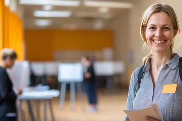 Lächelnde Frau mit Wahlunterlagen in einem Wahllokal – Symbol für die Stimmabgabe bei der Betriebsratswahl.