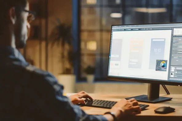 Mann am Computer erstellt ein digitales Dokument – Symbol für die Wahlniederschrift bei der Betriebsratswahl.