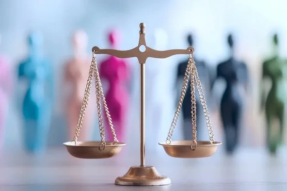 Waage des Rechts vor unscharfen Silhouetten – Symbol für aktives und passives Wahlrecht bei der Betriebsratswahl.